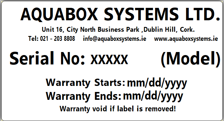 Aquabox Systems label, with the serial number printed after “Serial No:” above the warranty dates